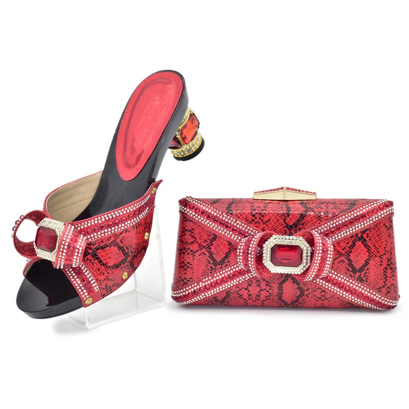 صنادل عالية الكعب من جلد PU مع كريستالات مع حقيبة مسائية مع فستان أنيق حقيبة كلاتش - Image 3